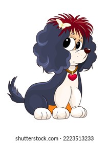 A cartoon dog with a heart on a collar and with a hairpin in the form of a butterfly sits on a white background.
