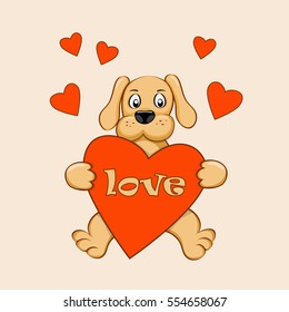Cartoon dog with hearts and word Love for Valentine greeting card,  romantic holiday. Print for decorate t-shirt, tunic, bag, home, wall, dishes, stationery, case.  eps 10