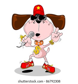 A cartoon dog hip hop rapper singing into a microphone