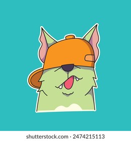 cartoon dog with his tongue sticking out wearing an orange hat, suitable for stickers and more.