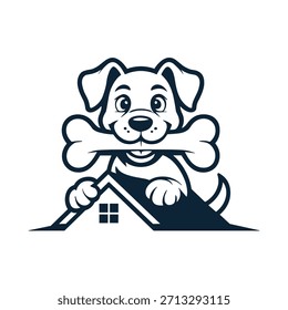 Un perro de dibujos animados sosteniendo un hueso delante de un logotipo de la casa