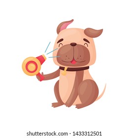 Cartoon dog holding a hairdryer in its paw. Vector illustration on white background.