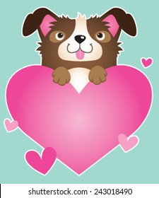 A cartoon dog holding a heart. Vector illustration. 