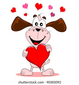 Cartoon dog holding a large red love heart