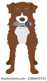 A cartoon dog is holding a remote control in it's mouth