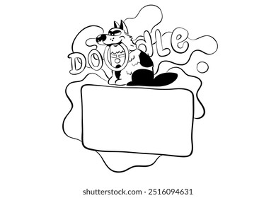 A cartoon dog holds the letters Doole. Abstract vector image in lines.