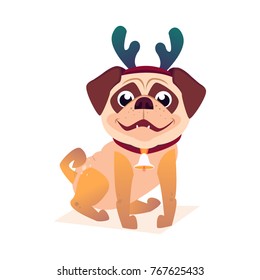 Cartoon dog with horns of a deer set. Vector collection of Christmas puppy character. Design for calendars or postcards or posters or banners or brochures