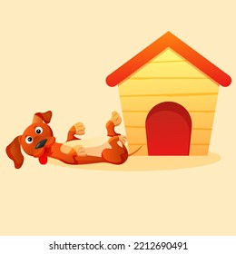 Cartoon Dog House With Funny Lying Dog Behind. Cute Brown Dachshund