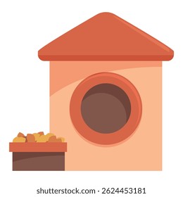 Cartoon dog house with round window and wooden floor standing on white background