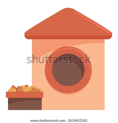 Cartoon dog house with round window and wooden floor standing on white background