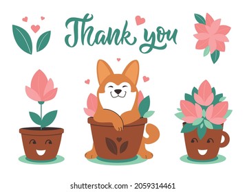 The cartoon dog Husky with pot plants. The set clipart with puppy is good for spring design, thank you day, pet day, stickers, flower shop, Thanksgiving holidays. Vector illustration