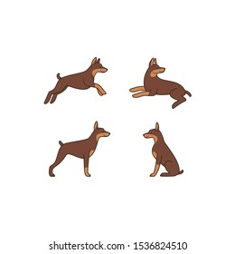 Cartoon dog icon set. Different poses of doberman. Vector illustration for prints, clothing, packaging, stickers.