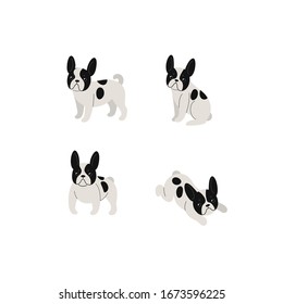 Cartoon dog icon set. Different poses of French bulldog. Vector illustration for prints, clothing, packaging, stickers.