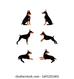 Cartoon dog icon set. Different poses of doberman. Vector illustration for prints, clothing, packaging, stickers.