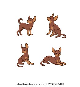 Cartoon dog icon set. Different poses of toy terrier. Vector illustration for prints, clothing, packaging, stickers.