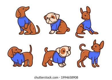 Cartoon dog icon set. Different poses of toy terrier. Vector illustration for prints, clothing, packaging, stickers.