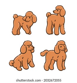 Cartoon dog icon set. Different poses of poodle. Vector illustration for prints, clothing, packaging, stickers.