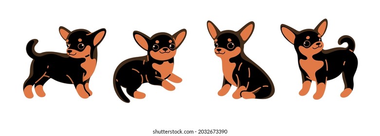 Cartoon dog icon set. Different poses of chihuahua. Vector illustration for prints, clothing, packaging, stickers.