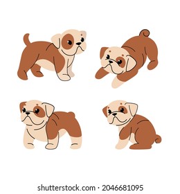 Cartoon dog icon set. Different poses of bulldog. Vector illustration for prints, clothing, packaging, stickers.