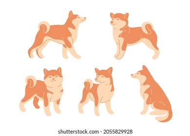 Cartoon dog icon set. Different poses of akita inu. Vector illustration for prints, clothing, packaging, stickers.