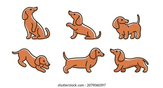 Juego de iconos de perro de dibujos animados. Diferentes poses de dachshund. Ilustración vectorial para impresiones, ropa, embalaje, pegatinas.