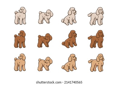 Cartoon dog icon set. Different poses of poodle. Vector illustration for prints, clothing, packaging, stickers.