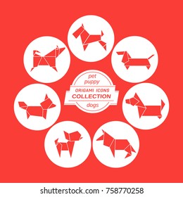 Cartoon dog icon set. Stylized paper cut out pet dog sign silhouette isolated in white circle. Popular breeds puppy dogs origami emblem. Template geometric logo design. Vector element home pets symbol