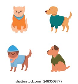 Cartoon dog icons set cartoon vector. Different breed of dog in bright clothing. Cute pet, fashion