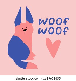 Cartoon dog illustration. Domestic animal, cute character. Isolated vector card with quote woof woof. Can be used for baby shower, birthday, party invitation, poster