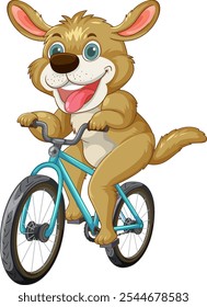 Perro de dibujos animados alegremente ciclismo en una bicicleta azul