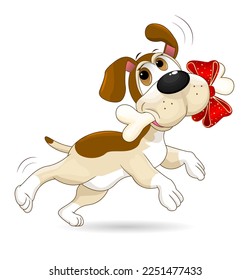 The cartoon dog joyfully jumps and runs with a bone in his mouth. The bone is tied with a red bow.