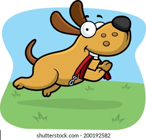 A cartoon dog jumping with a leash in his mouth.