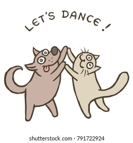 Cartoon dog Kik and cat Tik dancers. Vector illustration. Best friends. Together forever. Cute pets characters.