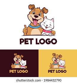 cartoon dog and kitten smiling and hugging logo or character illustration