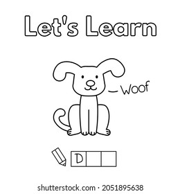 Cartoon dog learning game for small children - color and write the word. Vector coloring book pages for kids