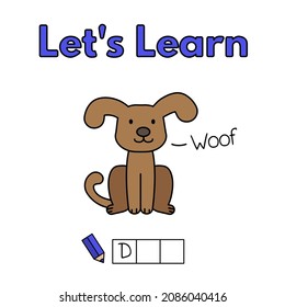 Cartoon dog learning game for small children - write the word. Vector illustration for kids