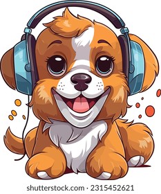 Cartoon dog listening to music, Tshirt design