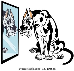 cartoon dog looking in mirror, great dane breed,illustration isolated on white background