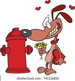 cartoon dog in love with a fire hydrant, offering it chocolates and flowers