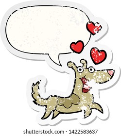cartoon dog with love hearts with speech bubble distressed distressed old sticker
