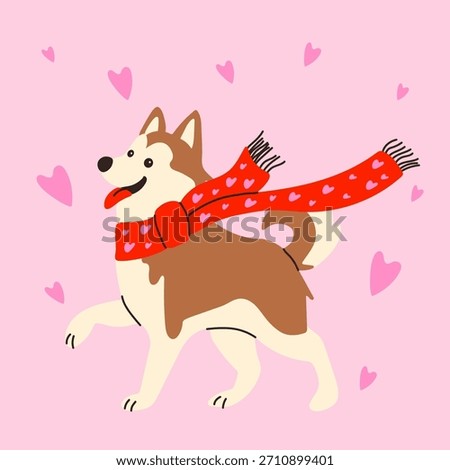 Cartoon Dog in Love Theme with Red Scarf and Hearts