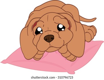 Cartoon dog lying on a pillow.
