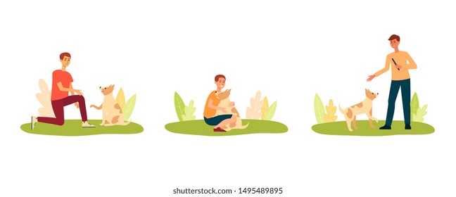 Cartoon dog and man playing outside - isolated flat set. Pet animal walking and training by different people outside in summer park - vector illustration