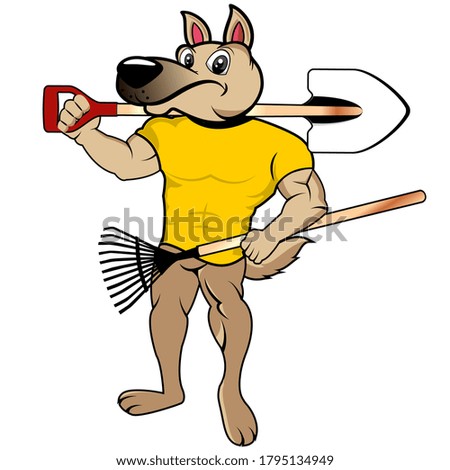 cartoon dog mascot with a rake