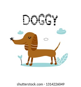 Cartoon dog. Modern hand drawn  vector character. Doggy lettering. Good for print. 