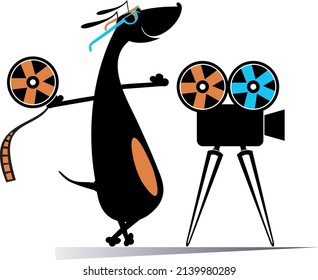 Cartoon dog, movie projector, tape illustration.
Funny dog stands near the movie projector and holds a tape isolated on white background
