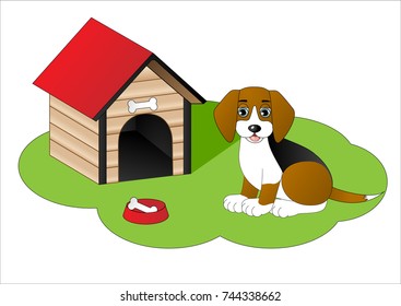 Cartoon dog next to dog house
