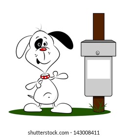 A cartoon dog next to a litter bin with copy space