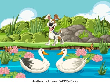 Cartoon dog on bridge with ducks and butterflies.