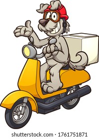 Cartoon dog on a delivery motorcycle. Vector clip art illustration with simple gradients. All on a single layer.
